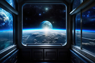 Window view of outer space. Through the window frame. © Romaboy