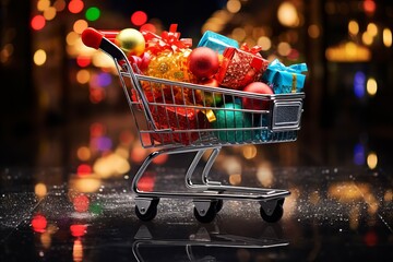 A bustling scene of a shopping cart brimming with a variety of items, offering a glimpse into a fruitful shopping excursion.