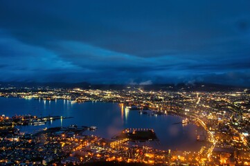 Twilight time view  from Mt. Hakodate in drizzling rain