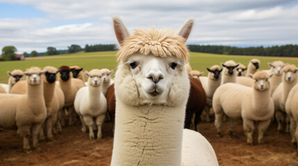 White alpaca staring at the camera with other alpaca