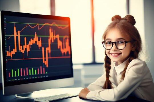 Portrait of a cute little girl in glasses and a business suit sitting at the table in front of a computer monitor with a stock chart.Generative Ai