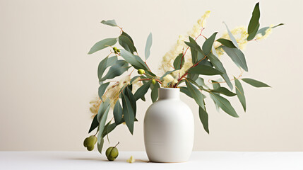 White vase of eucalyptus macrocarpon flowers and leaves