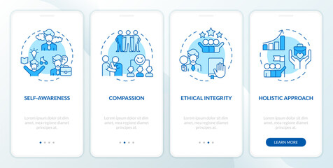 Fototapeta na wymiar 2D icons representing mindful entrepreneurship mobile app screen set. Walkthrough 4 steps blue graphic instructions with line icons concept, UI, UX, GUI template.