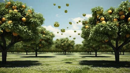 Financial Orchard: A serene orchard with minimalist trees bearing various financial fruits