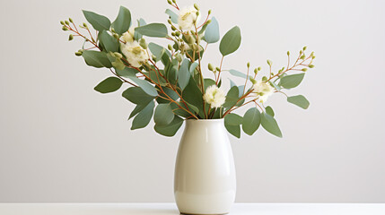 White vase of eucalyptus macrocarpon flowers and leaves