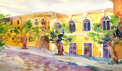 Fototapeta na wymiar Watercolor painting. Ancient buildings on the street