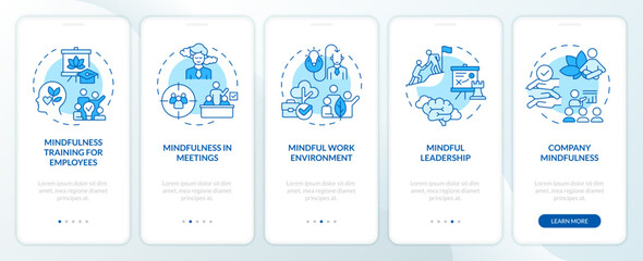 Fototapeta na wymiar 2D icons representing mindful entrepreneurship mobile app screen set. Walkthrough 5 steps blue graphic instructions with thin line icons concept, UI, UX, GUI template.