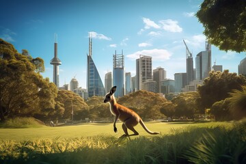 A captivating scene of a kangaroo gracefully hopping across a lush city park, amidst the backdrop of towering skyscrapers, illustrating the harmonious coexistence of urban life and nature.