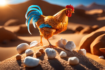 A golden chicken standing on dry rocks under the heat of the desert sun