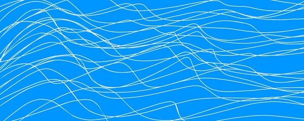 Abstract blue sea background with waves. Hand drawn wavy white thin lines isolated on blue background, illustration design.