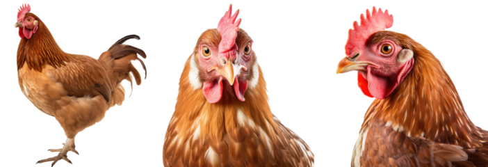Brown chicken collection (profile, portrait, standing), animal bundle isolated on a white background as transparent PNG
