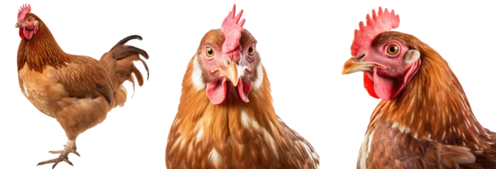 Rolgordijnen Brown chicken collection (profile, portrait, standing), animal bundle isolated on a white background as transparent PNG © Flowal93