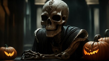Halloween still life with human skull, skeleton and pumpkins on dark background
