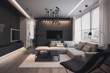 Fusion style interior of living room in modern luxury house.
