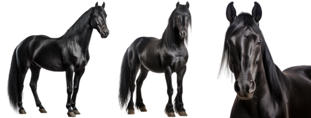 black horse collection (portrait, standing), animal bundle isolated on a white background as transparent PNG