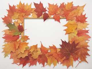 Naklejka na ściany i meble Autumn maple leaves with frame on white background. Flat lay, top view.