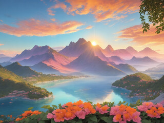 Beautiful mountain landscape with lake and flowers in the foreground at sunrise.