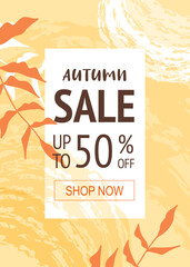 Autumn sale flyer or poster template. Leaf fall frame. Vector abstract background for invitation, card, poster, flyer, cover, banner, placard, brochure, social media, sale advertising
