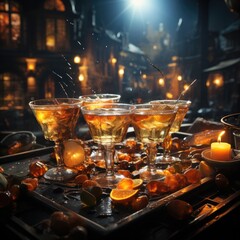 Halloween orange cocktails with tequila, vodka, gin, whiskey in party night bar - 646281516