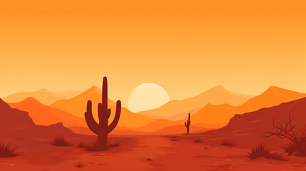 a simple desert landscape on an orange background depicts a cactus, in the style of minimalist backgrounds, naturecore, minimalist portraits, heatwave