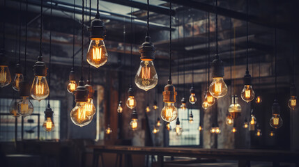 Obraz premium House interior of loft and rustic style. Beautiful vintage luxury light bulb hanging decor glowing in dark. 