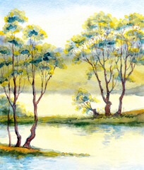 Obraz na płótnie Canvas Watercolor landscape. Trees by the lake