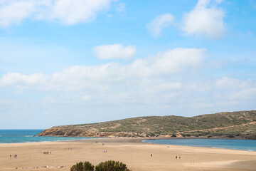 View of Prasonisi Beach, Greece, a meeting spot between the Mediterranean sea and and the Aegean sea