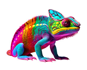Very colorful chameleon sitting down. Transparent background.