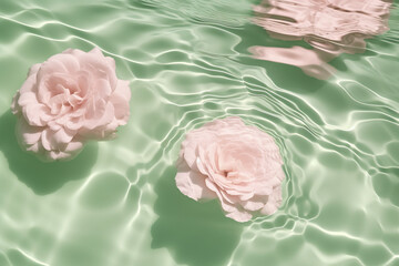 pink peonies in a mint green rippled water with sun glares flat lay