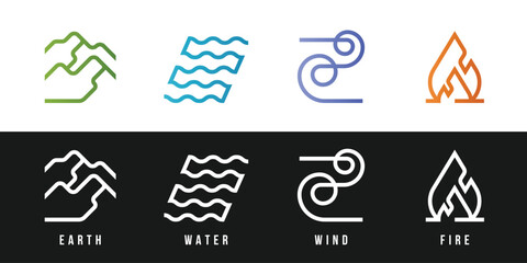 4 Elements of nature symbols collection - Earth, Water, Wind and Fire with modern border line icon symbols gradient and white tone style vector design