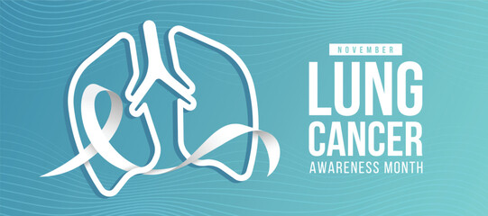 November, lung cancer awareness month - White ribbon awareness sign with roll around white lung border shape on blue green line curve texture background vector design
