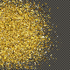 Gold glittering dust on transparent backdrop