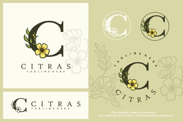 Floral Botanical Letter C. Monogram Font Logo combined with plants. Circle Flower Logo, pictorial, in pastel colors