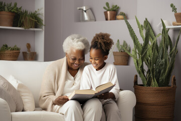 Happy African American grandmother reading a book to her granddaughter. Grandmother and girl spend time with happiness, communication and fairy tale.
