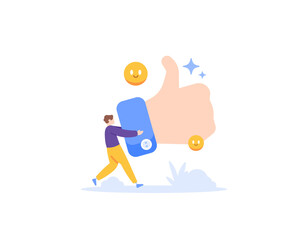 like concept. positive reviews or feedback. get the thumbs up. customer satisfaction. man giving thumbs up. voting and rating. flat and minimalist illustration concept design. vector elements. white 