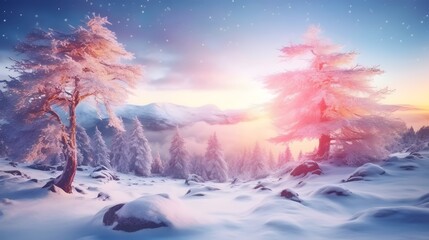 Mysterious landscape majestic mountains in winter. Magical snow covered tree. Photo greeting card. Bokeh light effect, soft filter.