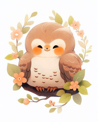 Owl in a nest of flowers on a white background. Vector illustration