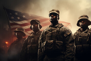A group of soldiers standing with respect to the United States flag. AI Generated Images