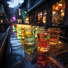 Colorful alcohol cocktails in night-club bar background in popular rocks cocktail glasses decorated with fruits