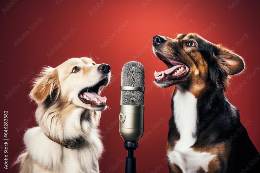 Wall mural Two dogs with microphone singing song on red background