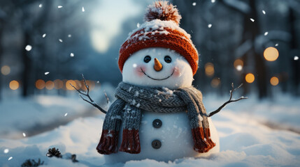 Cute snowman in winter clothes on a snowy background. Winter landscape. Christmas card. Generative AI