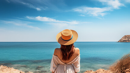 Woman in sun hat standing against wonderful blue sea
