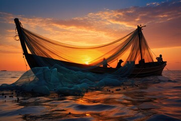 Fishing boat with nets at sunset