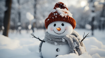 Fototapeta premium Cute snowman in winter clothes on a snowy background. Winter landscape. Christmas card. Generative AI