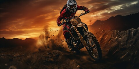 Close-up of a motocross rider with a sunset in the background