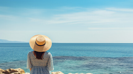 Fototapeta na wymiar Woman in sun hat standing against wonderful blue sea