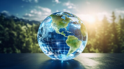 Capture a stunning image of a glass globe surrounded by a holographic representation of Earth, with renewable energy installations superimposed on continents, emphasizing global clean energy solutions