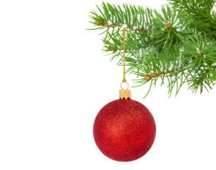 Red Christmas glitter ornament hanging on Christmas tree branch isolated on transparent background