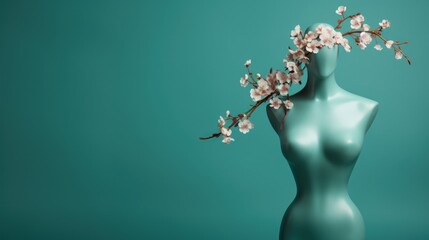 Naked upper body mannequin female model bust, blooming pink cherry blossoms branch decoration, spring season renewal, nature and beauty fusion, minimal teal green background - generative AI