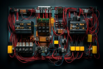 Panel with wires, switches, and boxes on dark background. Generative AI